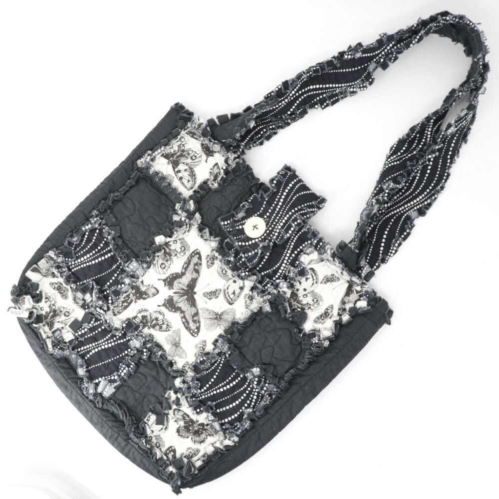 Handmade Handbag Women Black White Butterfly Raw Edge Tote Shoulder Bag Lined